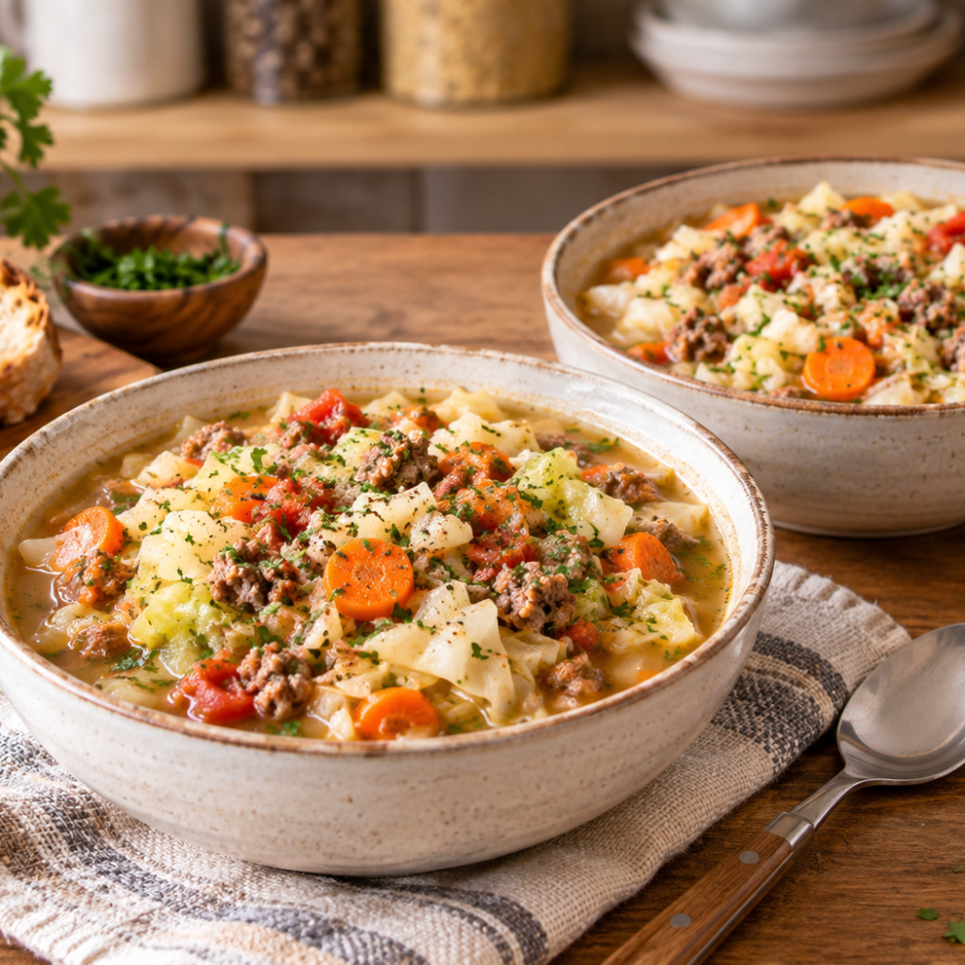 High Protein Ground Beef and Cabbage Soup